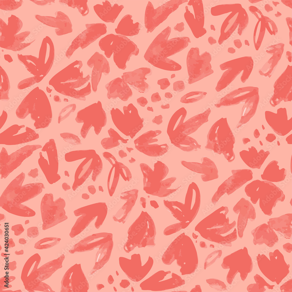 Painted abstract flower and leaf elements like a flowerbed in shades of pink. Pink monochrome simple floral seamless vector pattern. Great for home décor, fabric, wallpaper, gift-wrap, stationery, etc Painted abstract flower and leaf elements like a flowerbed in shades of pink. Pink monochrome simple floral seamless vector pattern. Great for home décor, fabric, wallpaper, gift-wrap, stationery, etc