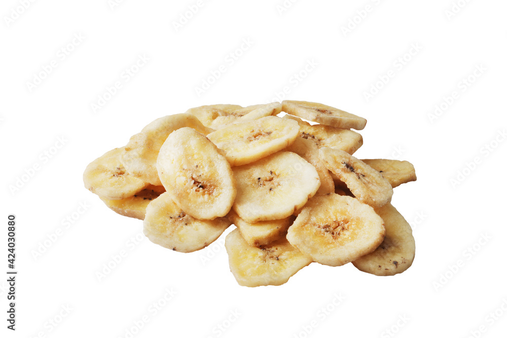 Heap of sweet banana slices on white background. Dried fruit as healthy snack Heap of sweet banana slices on white background. Dried fruit as healthy snack