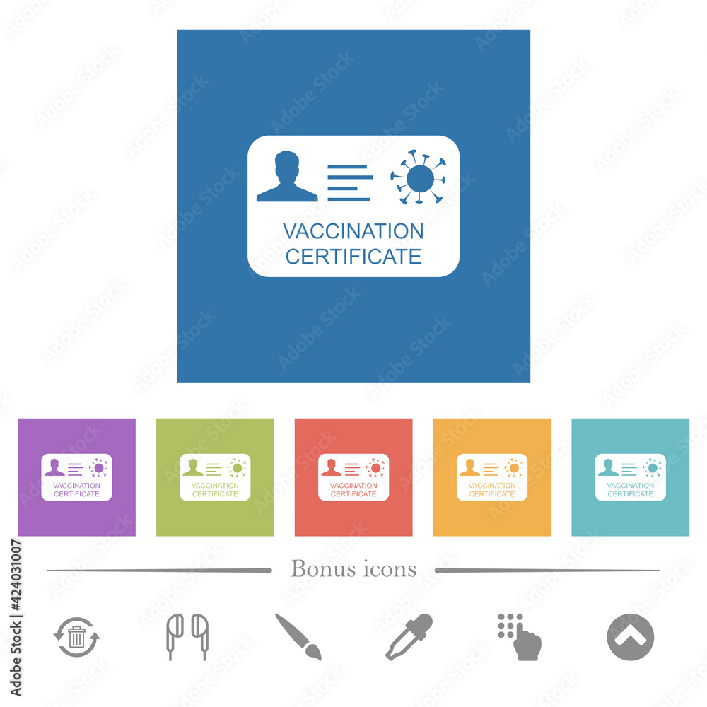 Vaccination certificate flat white icons in square backgrounds