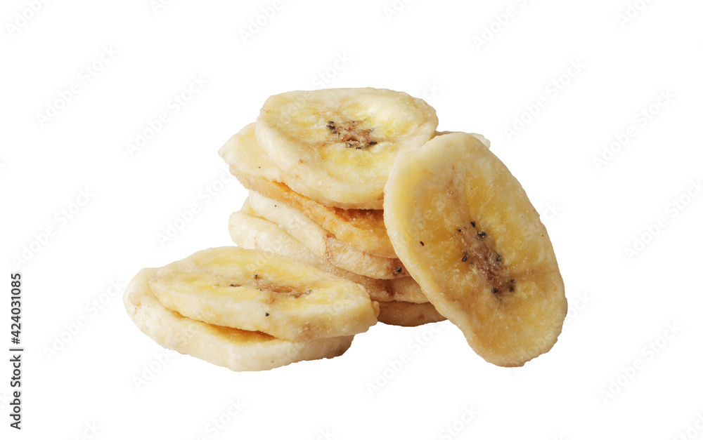 Heap of sweet banana slices on white background. Dried fruit as healthy snack Heap of sweet banana slices on white background. Dried fruit as healthy snack