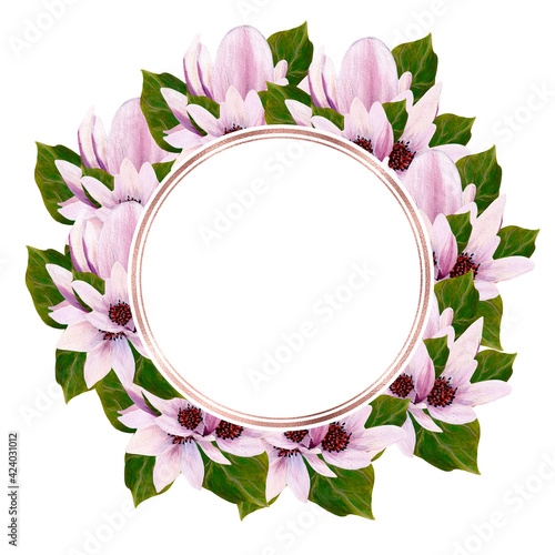 gold watercolor pink magnolia frame, perfect to use on the web or in print
