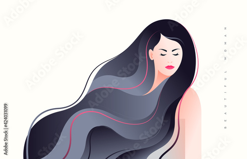 Portrait of an young girl in half-turn with long grey hair in red highlights, Attractive girl face with modest expression and closed eyes, Vector illustration of female model, Fashion and beauty.