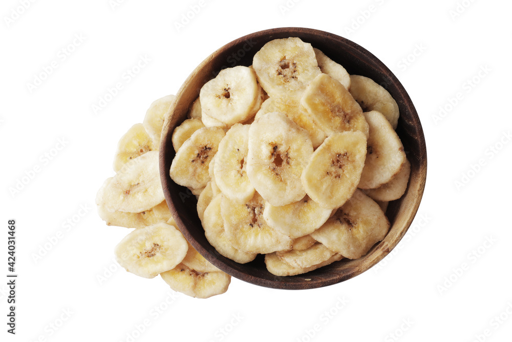 Wooden bowl with sweet banana slices on white background, top view. Dried fruit as healthy snack Wooden bowl with sweet banana slices on white background, top view. Dried fruit as healthy snack