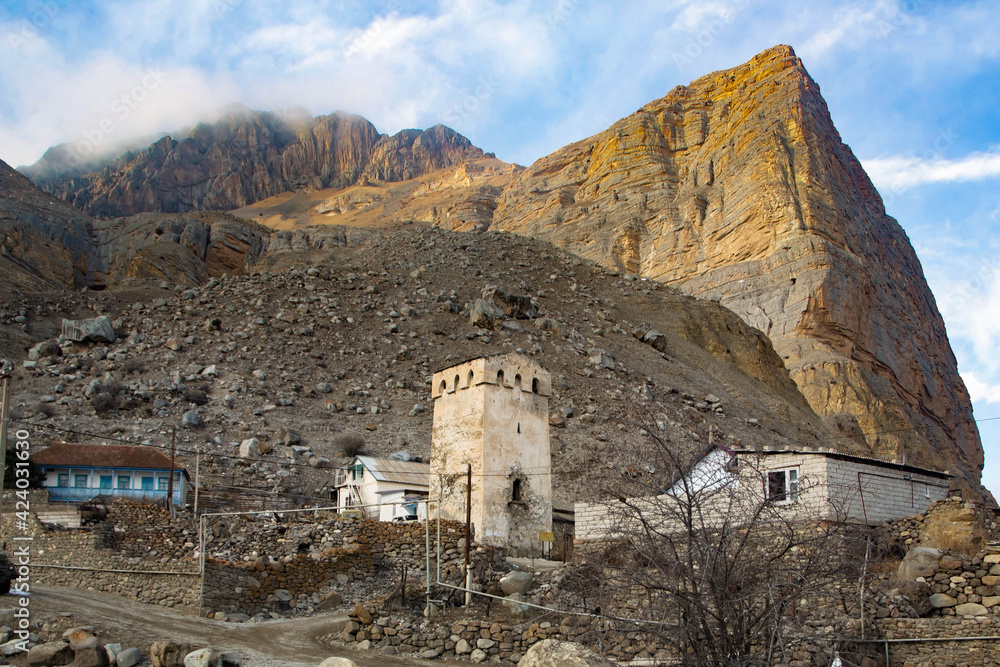 View of the ancient tower in the Caucasus Mountains. Chegem gorge