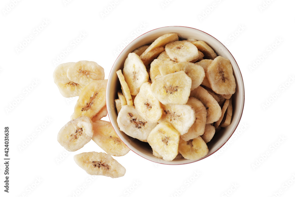 Bowl with sweet banana slices on white background, top view. Dried fruit as healthy snack Bowl with sweet banana slices on white background, top view. Dried fruit as healthy snack