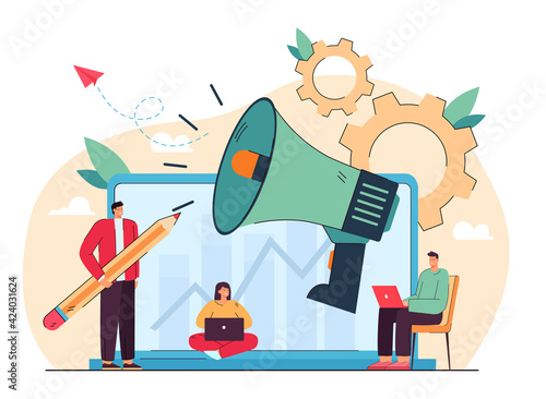 Business speaker with loudspeaker and media marketing promotion. Cartoon vector illustration. Tiny managers with giant laptop and megaphone making business. Advertisement, marketing, promotion concept