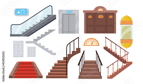 Set of cartoon metal and wood staircases, lifts, escalators. Flat vector illustration. Isolated stairways, elevators on white background. House, modern technology, comfort concept for apps, design