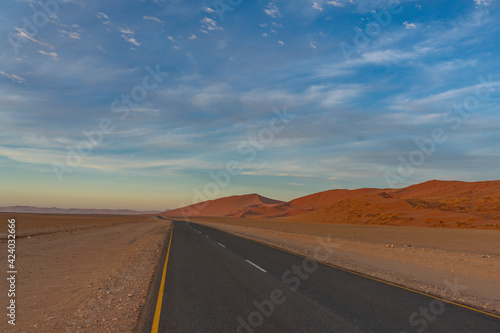 Road to Sossusvlei at the morning time, background dunes, Namib desert, Namibia