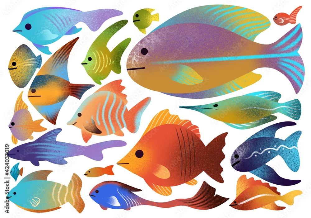 Naklejka premium Colorful set of marine life, abstract tropical fishes. Modern textured illustration isolated on white background. Can be use for poster, icons, banner, print, textile, card, children’s book