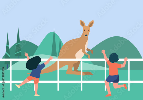 Cute children watching kangaroo in zoo. Kid, mammal, holiday flat vector illustration. Animals and wildlife concept for banner, website design or landing web page