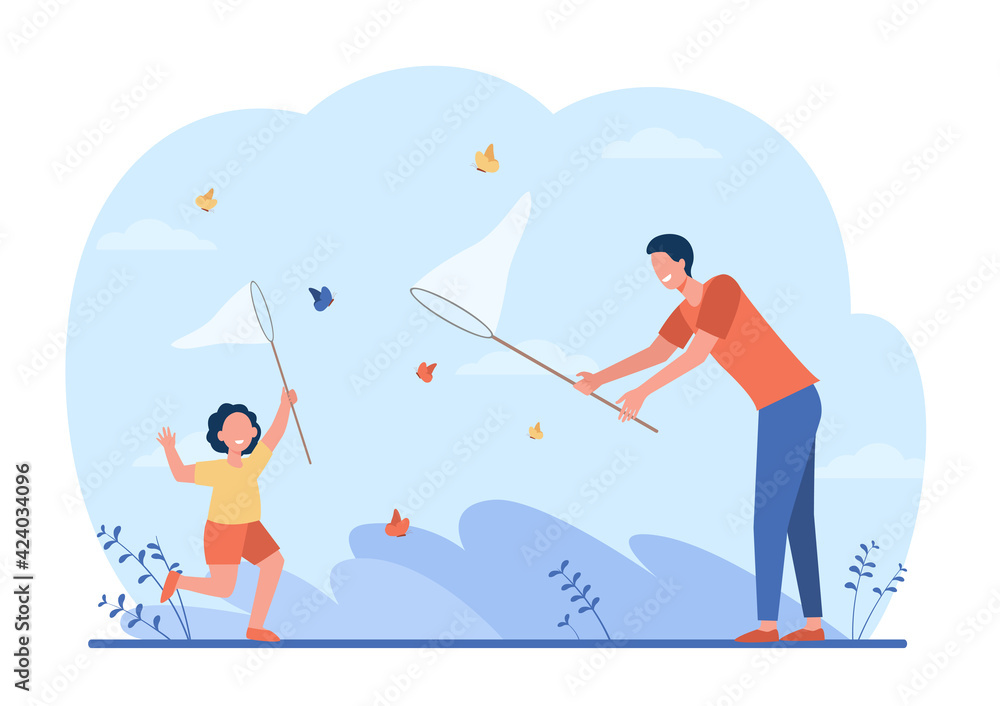 Cheerful dad and girl catching butterflies. Insect, net, holiday flat vector illustration. Family and weekend concept for banner, website design or landing web page