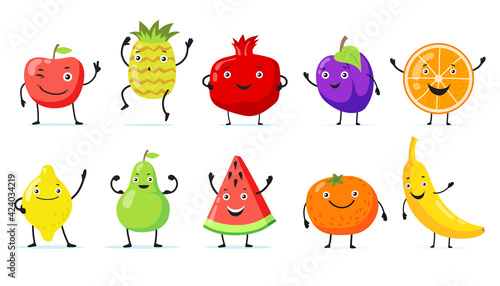 Set of happy fruit cartoon characters flat vector illustration. Vintage funny poster design with tropical lemon, pineapple, watermelon, pear, orange, apple, banana personages. Animation, food concept