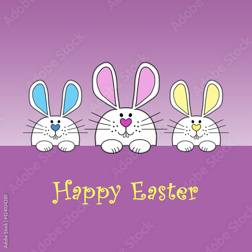 An illustration of three cute peeking white Easter bunnies with the message Happy Easter.