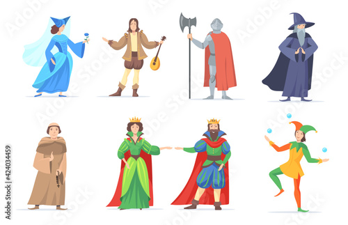 Set of medieval cartoon characters in historical costumes. Flat vector illustration. Fantasy king, queen, princess, wizard, executioner, bard of renaissance period. Fairytale, history concept