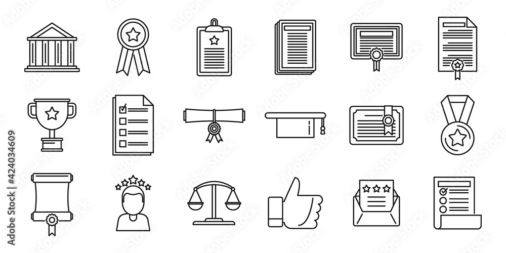 Online attestation serviceicons set, outline style Online attestation serviceicons set, outline style