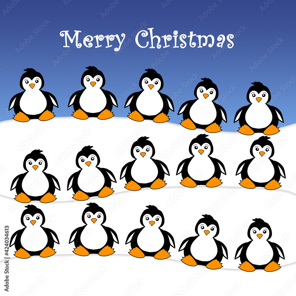 Obraz premium An illustration of three rows of cute cartoon baby penguins sitting in the snow with the message Merry Christmas