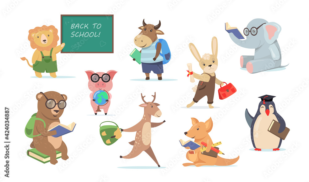 Back to school set with funny cartoon animals. Flat vector illustration.  Collection of animals representing school students writing, studying,  reading books. School, animal concept for print, design Stock Vector |  Adobe Stock