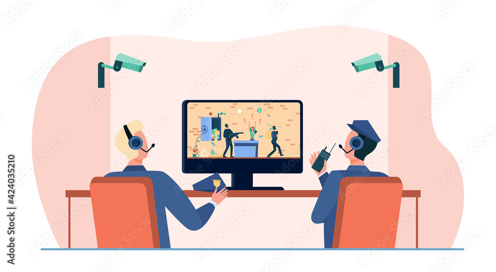 Fototapeta premium Security guards watching robbery on CCTV. Camera, thief, bank flat vector illustration. Crime and protection concept for banner, website design or landing web page