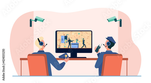 Security guards watching robbery on CCTV. Camera, thief, bank flat vector illustration. Crime and protection concept for banner, website design or landing web page