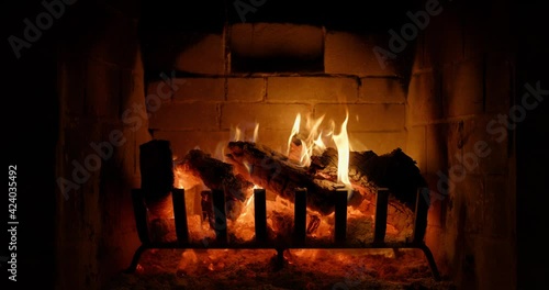 Cabin fireplace burning, close up