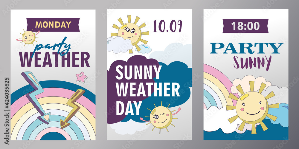 Set of weather invitation cards cartoon vector illustration. Sunny weather theme. Party posters in flat colorful design with time indications and fairy sky characters. Party, weather, nature concept