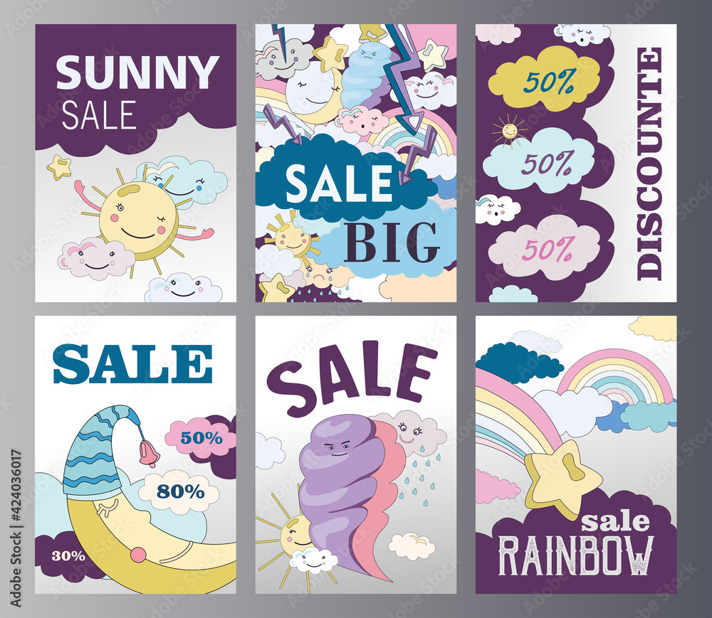 Set of weather discount flyers cartoon vector illustration. Different weather states posters in flat colorful design with sale announcement and fairy sky characters. Sale, weather, nature concept