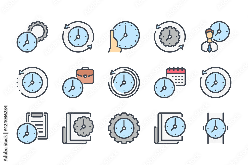 Time management and measurement color line icon set. Work time and clock manage linear icons. Watch and time period colorful outline vector sign collection. Time management and measurement color line icon set. Work time and clock manage linear icons. Watch and time period colorful outline vector sign collection.