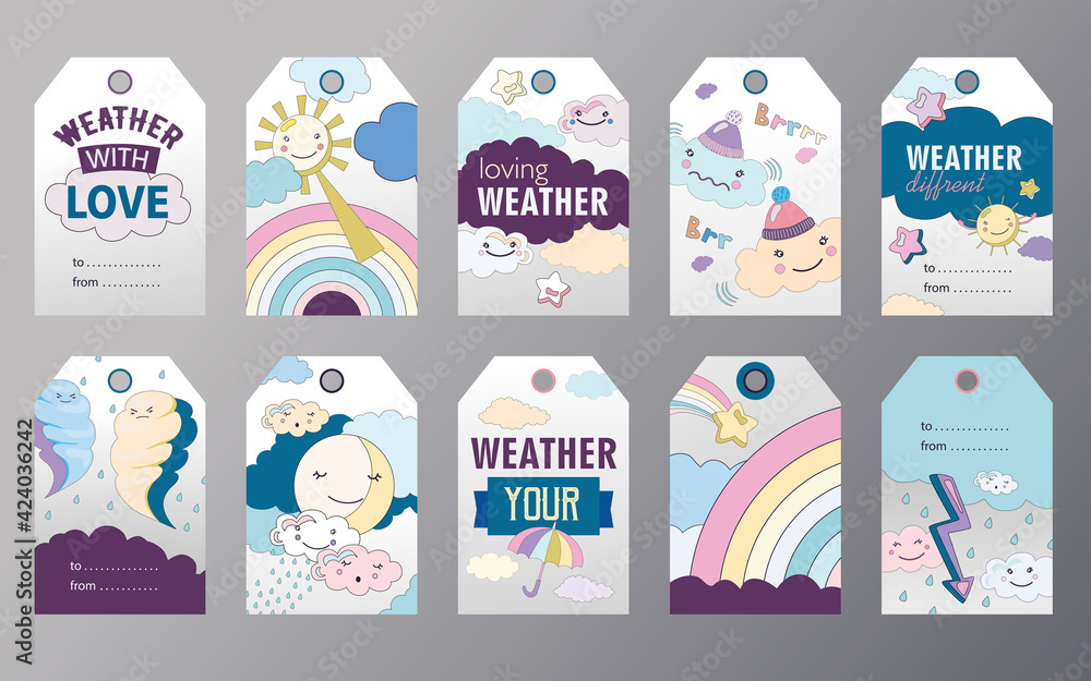 Set of weather tags cartoon vector illustration. Different weather themes tags. Cloudy, sunny, rainy conditions with fairy sky characters in flat colorful design. Mood, weather, nature concept