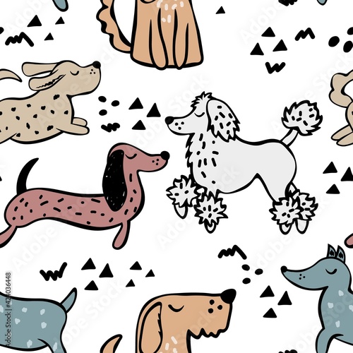 Childish seamless pattern with hand drawn dogs. Trendy scandinavian vector background. Perfect for kids apparel fabric  textile  nursery decoration wrapping paper