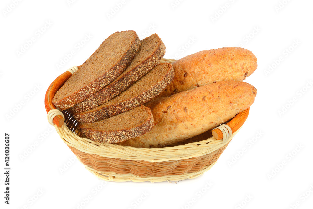 bread in wicker basket isolated on white bread in wicker basket isolated on white
