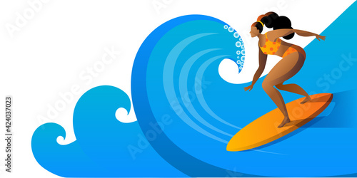 A girl in a swimsuit is surfing on a board. Horizontal banner template.