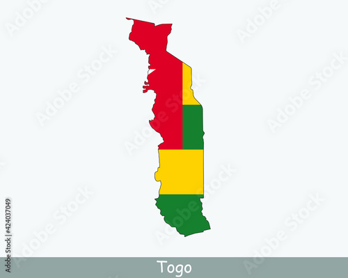 Togo Flag Map. Map of the Togolese Republic with the Togolese national flag isolated on a white background. Vector Illustration.