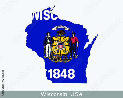 Wisconsin Map Flag. Map of WI, USA with the state flag isolated on a white background. United States, America, American, United States of America, US State. Vector illustration.