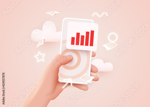 Hand holds mobile phone. Market trend analysis on smartphone with line chart and graphs. Design infographic, statistics on screen. Mobile technology concept.
