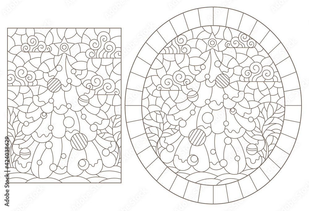 Obraz premium A set of contour illustrations in a stained glass style on the theme of New Year's holidays with a Christmas trees, dark outlines on a white background