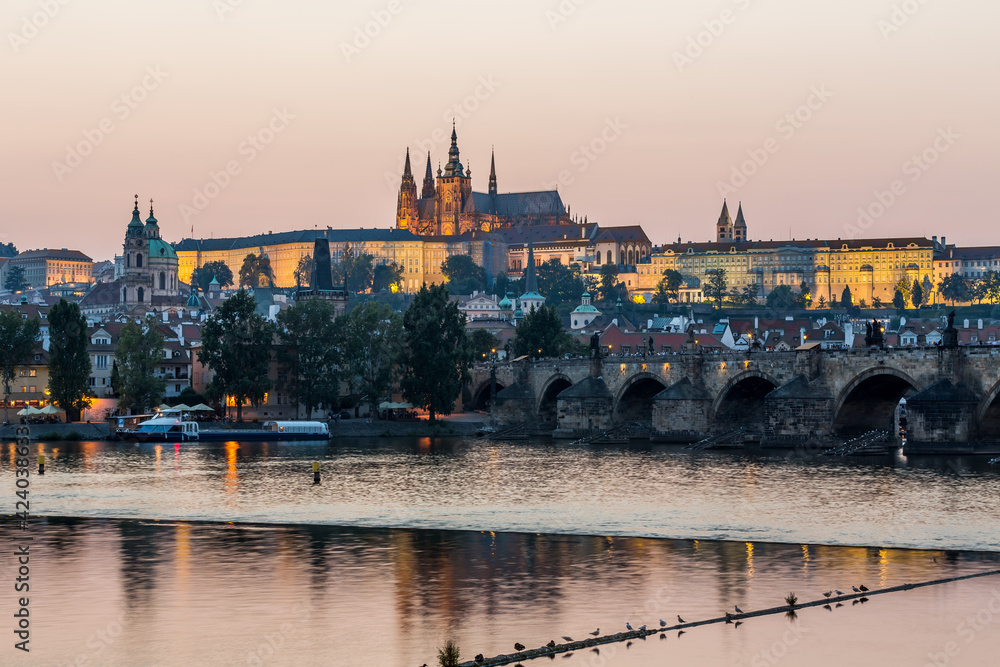 Fototapeta premium Panorama of Prague on the Vltava River, Czech Republic