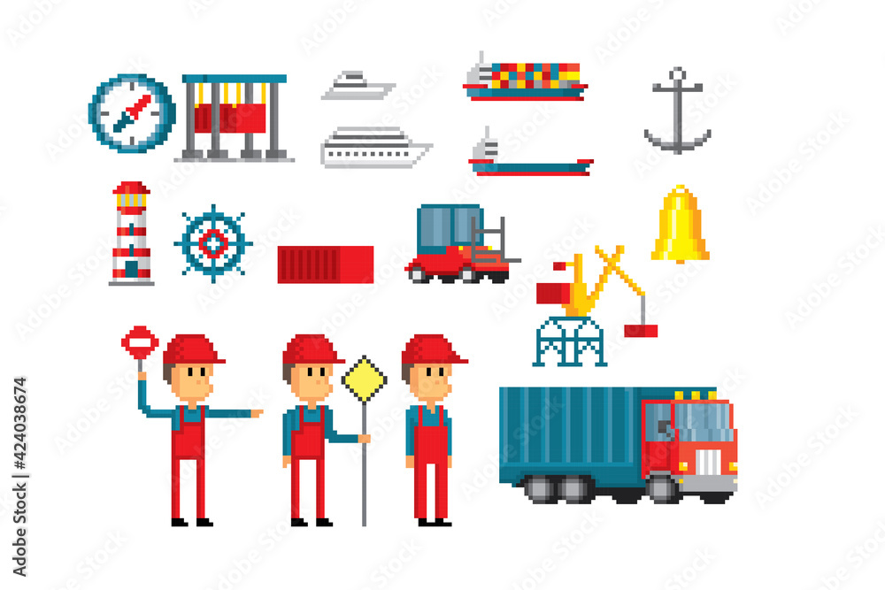 Marine port. Shipping transportation and ocean logistic. Pixel art icon set. Old school computer graphic. 8 bit video game. Game assets 8-bit. Marine port. Shipping transportation and ocean logistic. Pixel art icon set. Old school computer graphic. 8 bit video game. Game assets 8-bit.