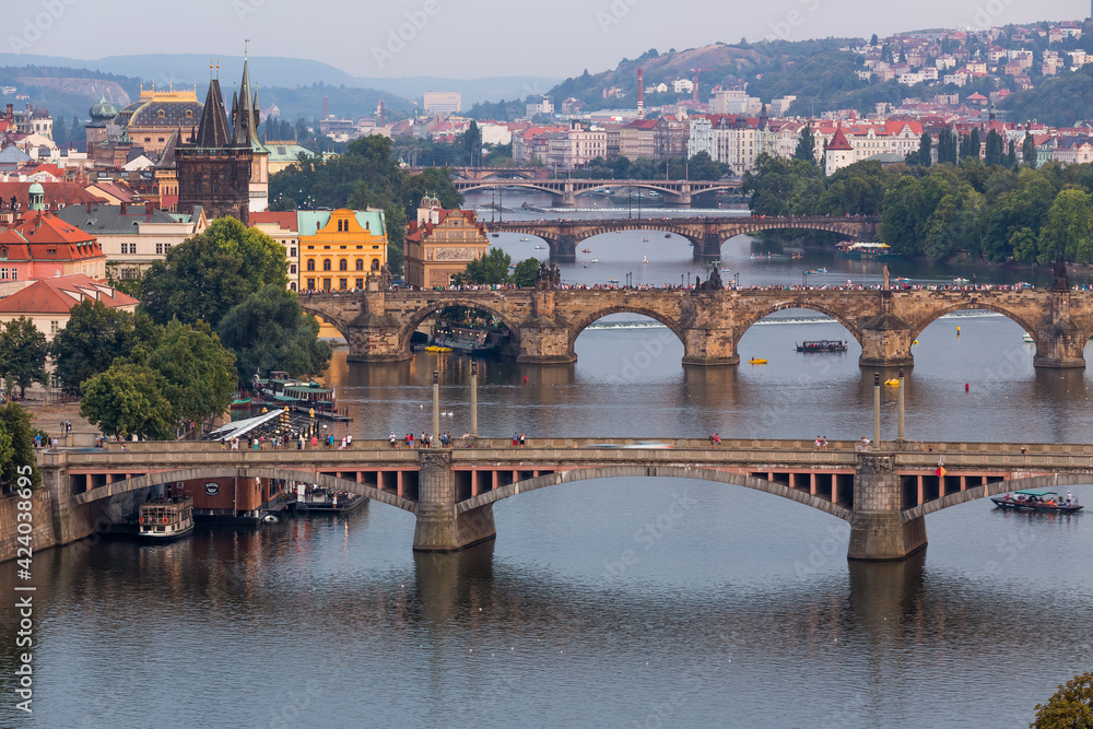 Obraz premium Prague panorama overlooking Prague's bridges, Czech Republic