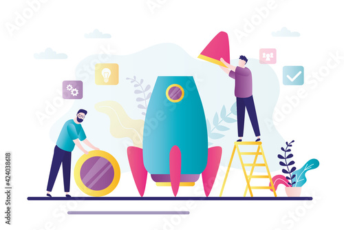 Two businessmen build rocket together. Entrepreneurs preparing to launch new project. Male characters holds rocket parts