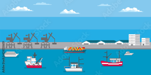 Marine port. Shipping transportation and ocean logistic. Pixel art. Old school computer graphic. 8 bit video game. Game assets 8-bit.