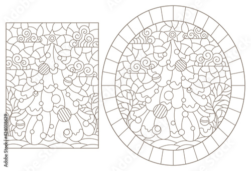 A set of contour illustrations in a stained glass style on the theme of New Year's holidays with a Christmas trees, dark outlines on a white background