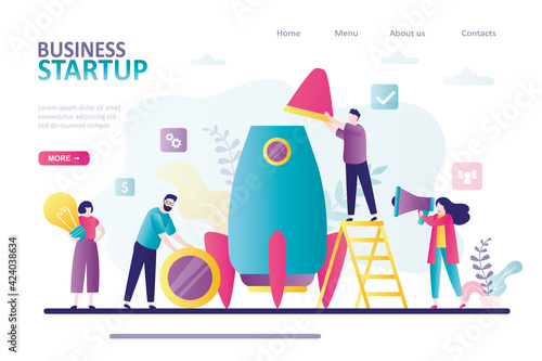 Team builds spaceship together. People preparing to launch project. Concept of business development