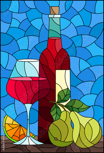 Illustration in the style of a stained glass window with a still life, a bottle of red wine, a glass and fruit on a blue background, a rectangular image