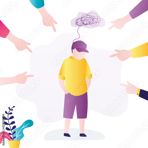 Schoolboy humiliated and insulted by classmates. Boy stands surrounded by angry students