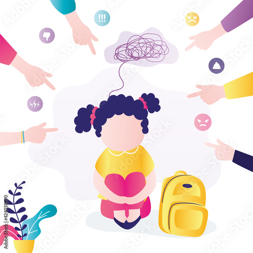 Girl sitting sad because of insults of classmates. Children point finger at upset schoolgirl. Bullying and humiliation at school or college