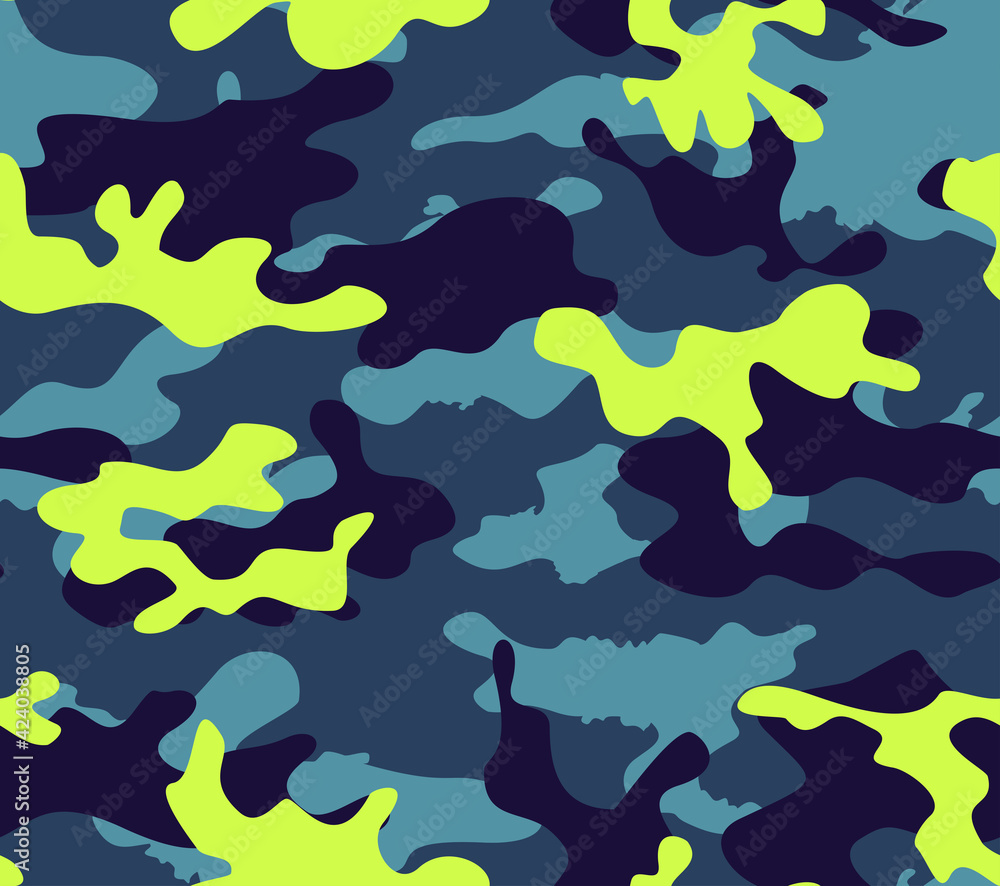 blue camouflage, yellow spots vector trendy background.