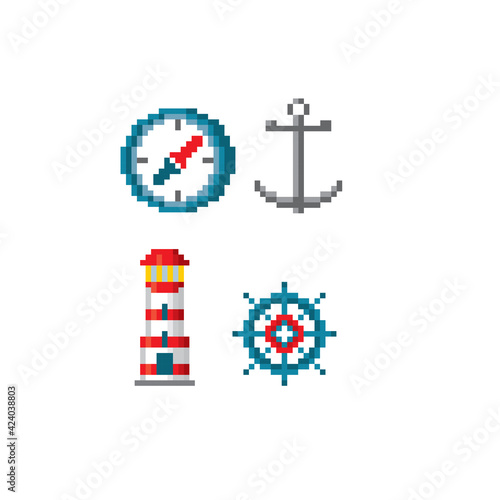 Compass, anchor, lighthouse, steering wheel. Set of nautical icons. Pixel art. Old school computer graphic. 8 bit video game. Game assets 8-bit.
