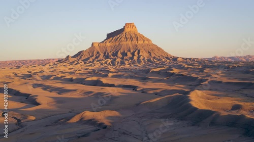 Remote desert landscape in Goblin Valley State Park, wide aerial
