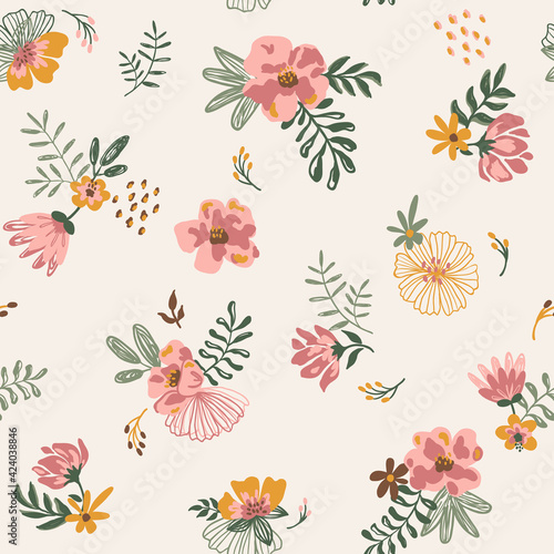 Flowers textile pattern in boho style and colors. Pink botanical  bouquets on ivory background. Vintage fabric design