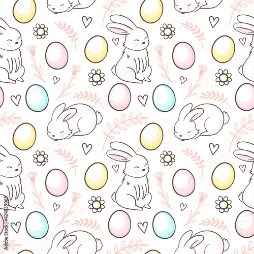 Seamless Easter pattern with floral motifs  flowers  easter eggs  bunnies. Vintage spring easter holiday pastel background. Hand drawn eggs  flowers  willow branches.Cute Easter illustration.